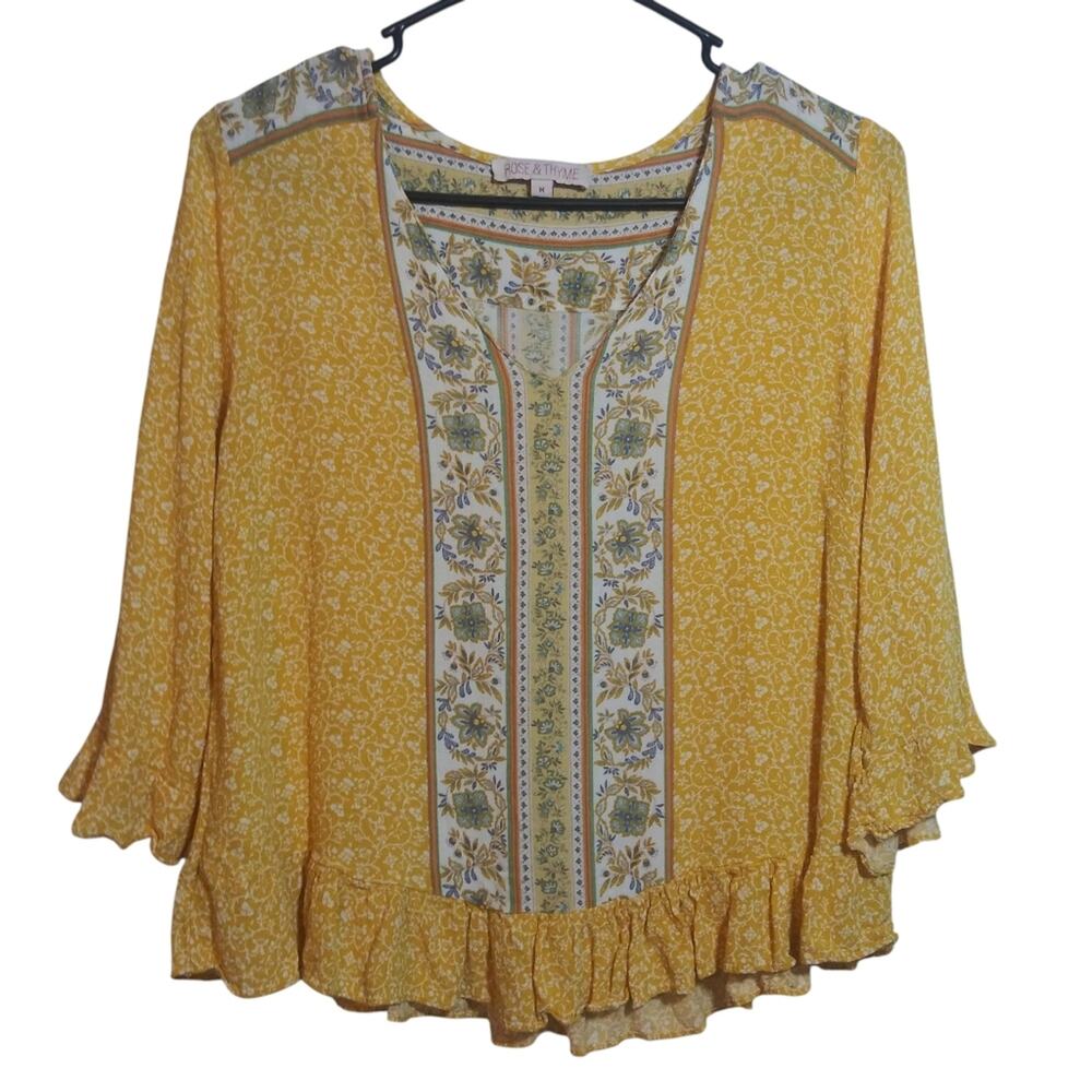 Rose & Thyme Yellow Floral Boho Peasant 3/4 Sleeve Women's Top Size M